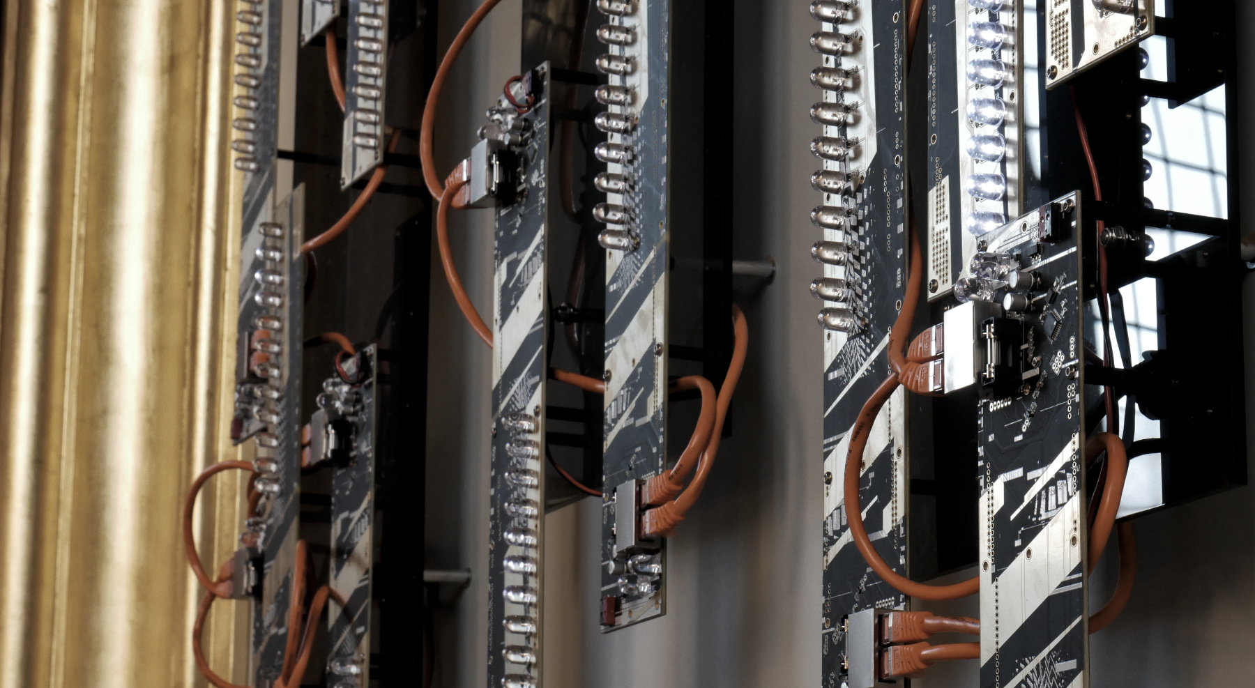 installation detail: gold plated PCBs meets oak frame from 1872, photo by jacob remin