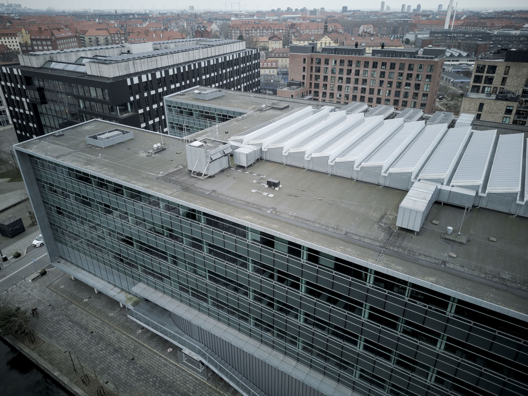 drone shot of the solar powered server on the roof of ITU
